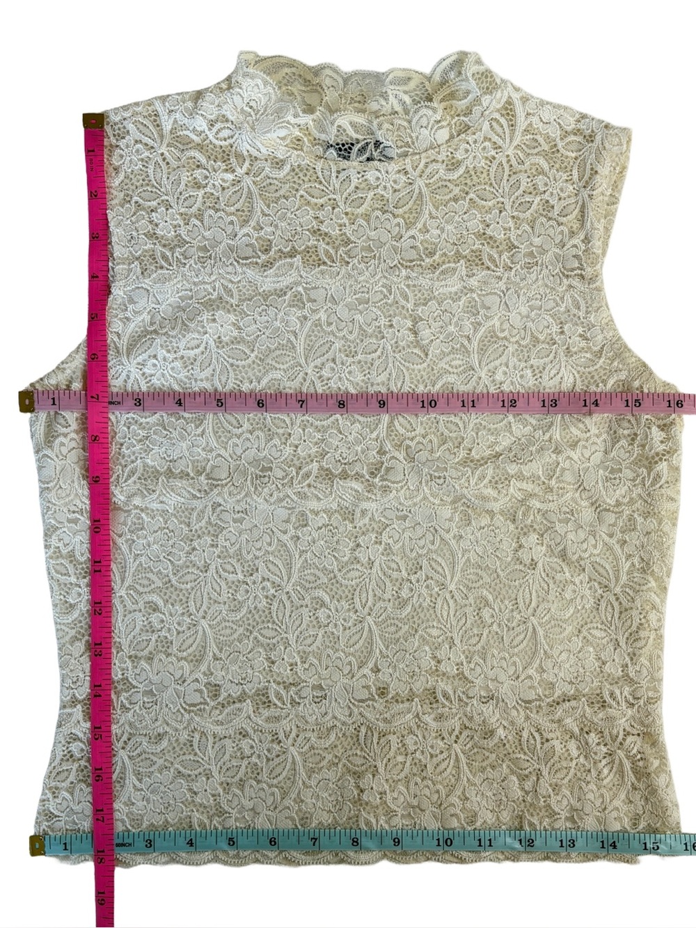 Pretika Lace Mock Neck Sleeveless Top – Cream Floral Lace Y2K Romantic Blouse - Picture 10 of 13